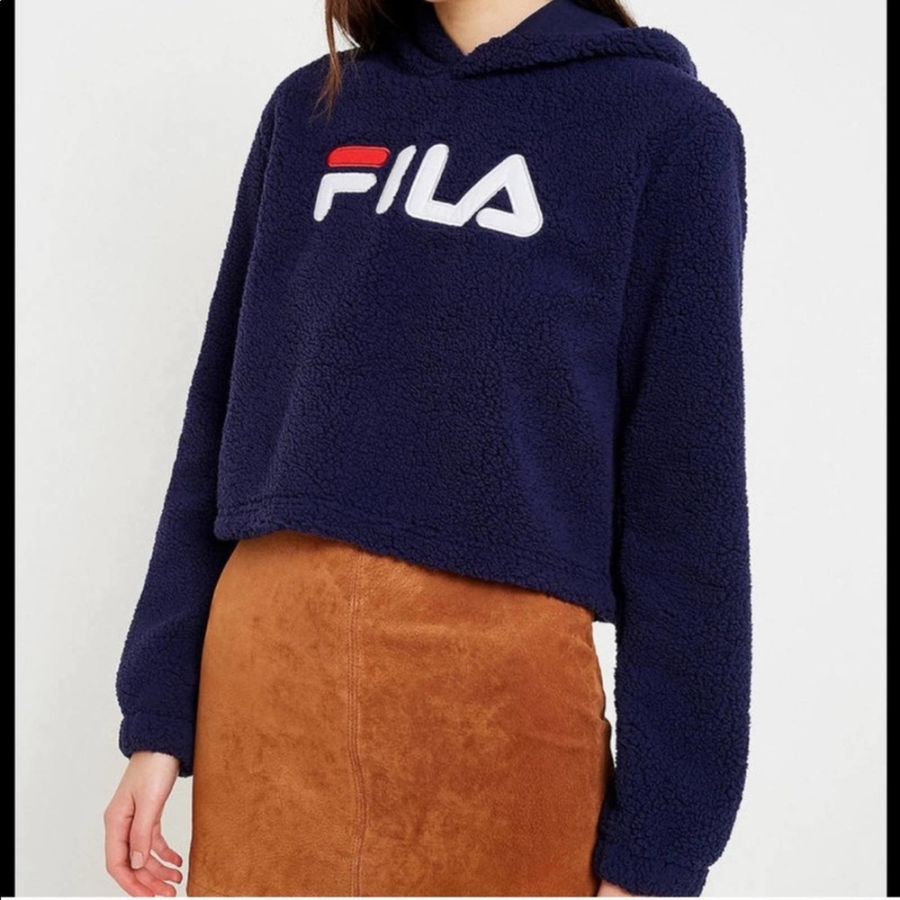Fila Sherpa Fuzzy Logo Hoodie Navy Size Large